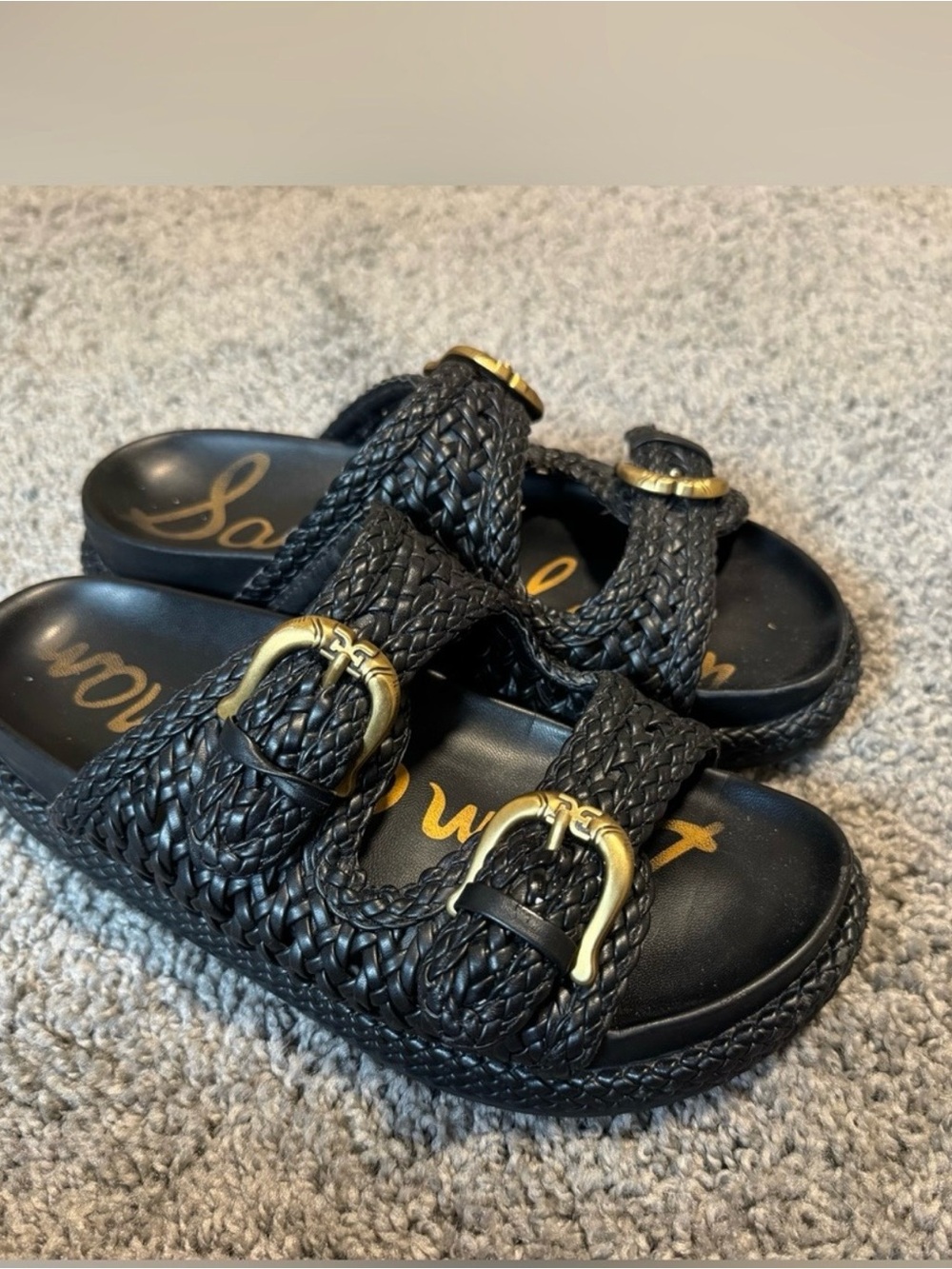 Sam Edelman Black Braided Slide Sandals with Gold Buckles - Kids
